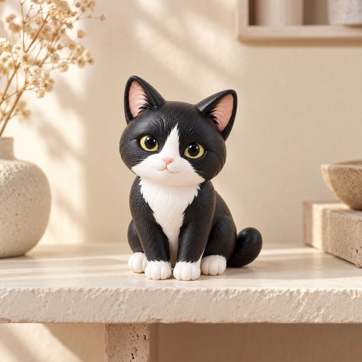Tuxedo cat figurine sitting on a sunlit ledge beside dried flowers