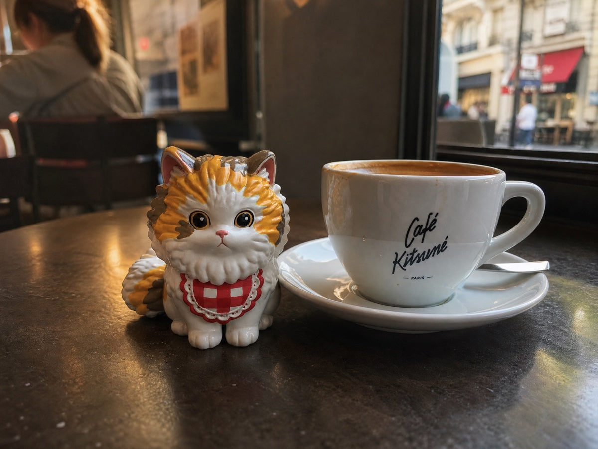 Hand-painted chibi calico cat figurine beside a coffee cup in a café, made from your pet's photos