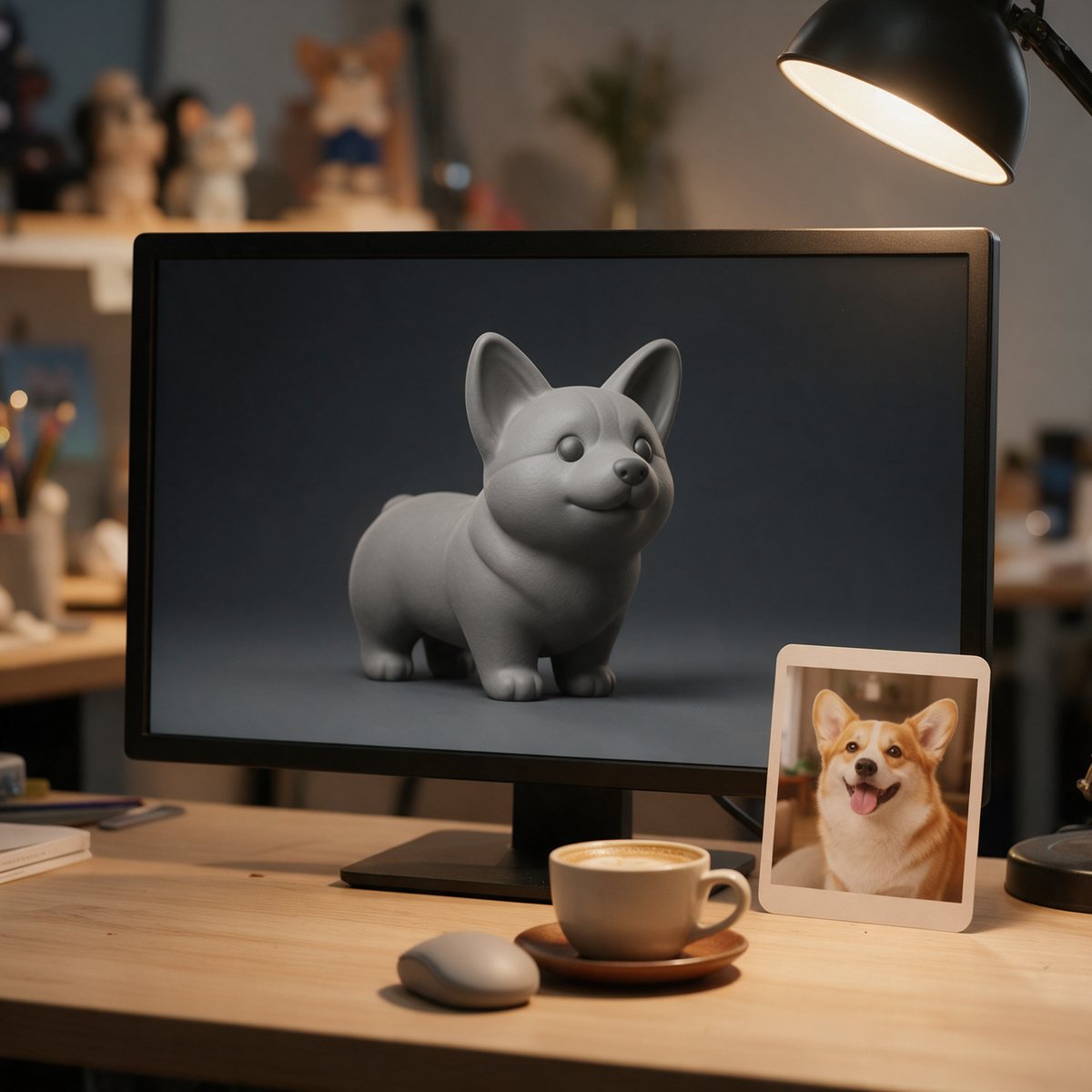 A grey 3D model of a chibi corgi on screen, the corgi's photo propped beside the monitor