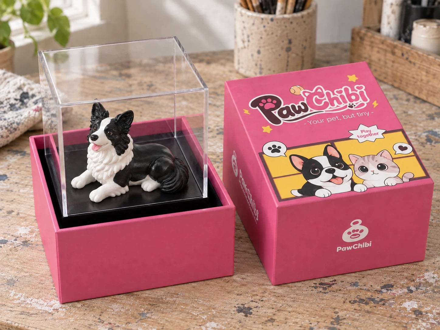 A PawChibi gift box open on the bench, a painted border collie figurine inside its clear case