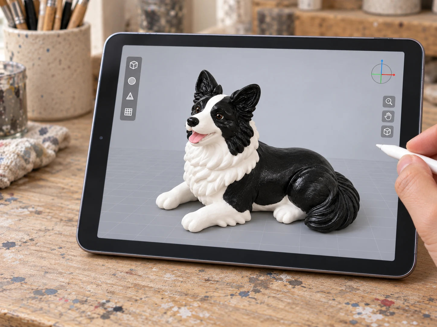 An artisan reviewing a color 3D model of a reclining border collie on a tablet.