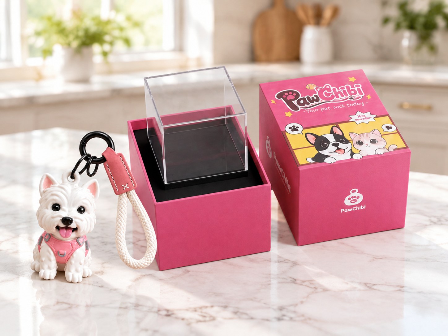 The pink PawChibi box with a clear cover, black base and a West Highland terrier keychain