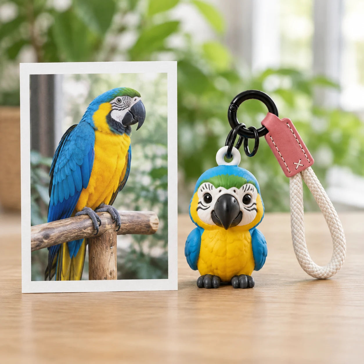 A blue-and-gold macaw photo beside its resin keychain