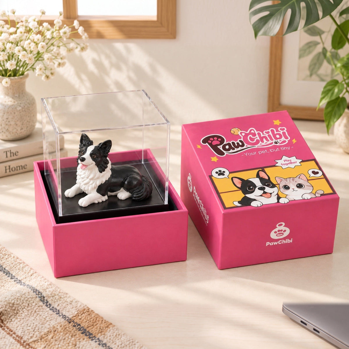A black-and-white border collie figurine in a clear display case, sitting in an open pink PawChibi gift box on a sunny table