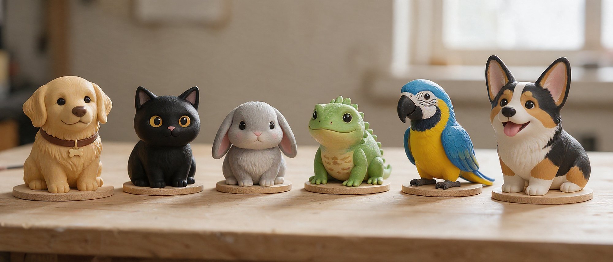 Six chibi pet pieces in a row on the bench — golden retriever, black cat, grey bunny, iguana, macaw, corgi