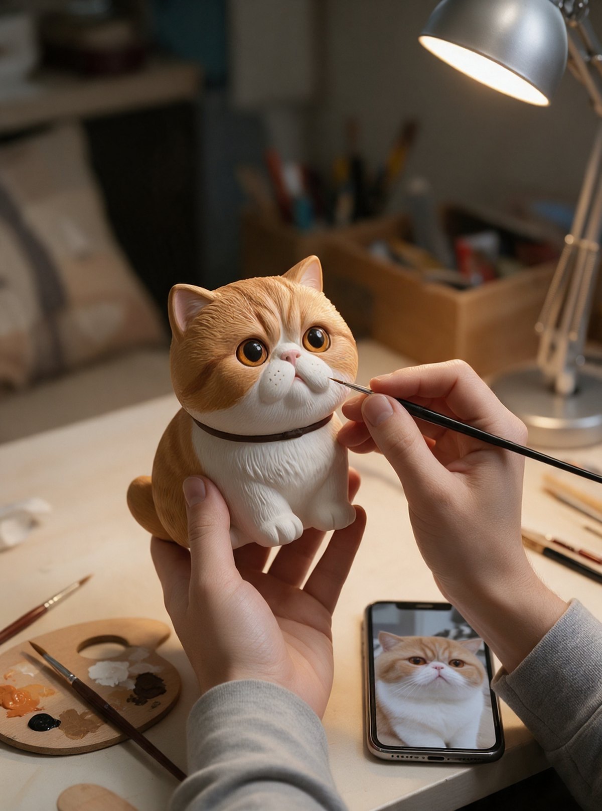 A fine brush at the eye of a chibi exotic-shorthair cat piece, the cat's own photo on a phone behind it