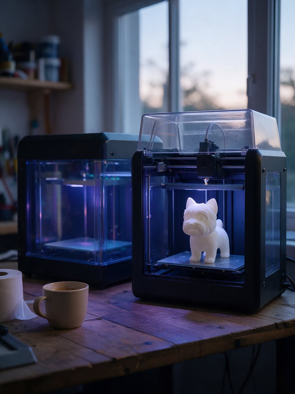 Two resin printers on the bench, one open with a white chibi dog blank standing on the plate