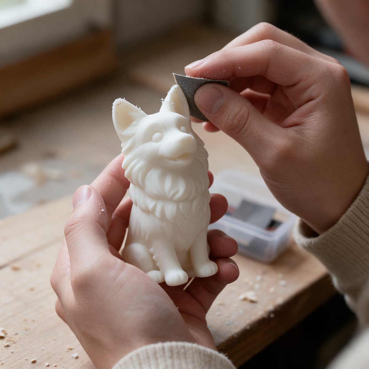 Two hands sanding the ear of a white resin chibi dog blank