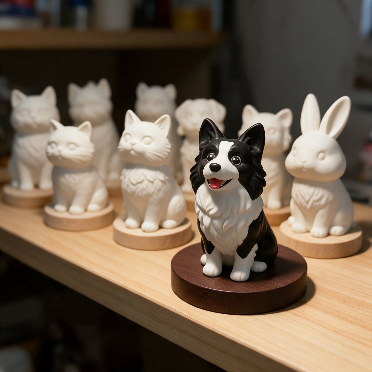 A shelf of white resin blanks waiting their turn, one painted border collie piece at the front