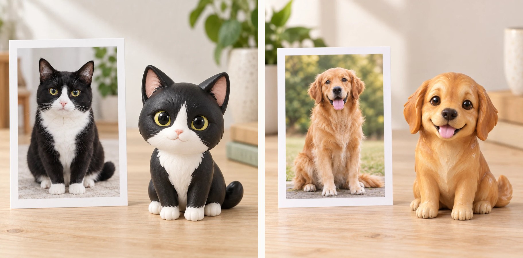 A tuxedo cat and a golden retriever, each photo beside its hand-painted chibi figurine