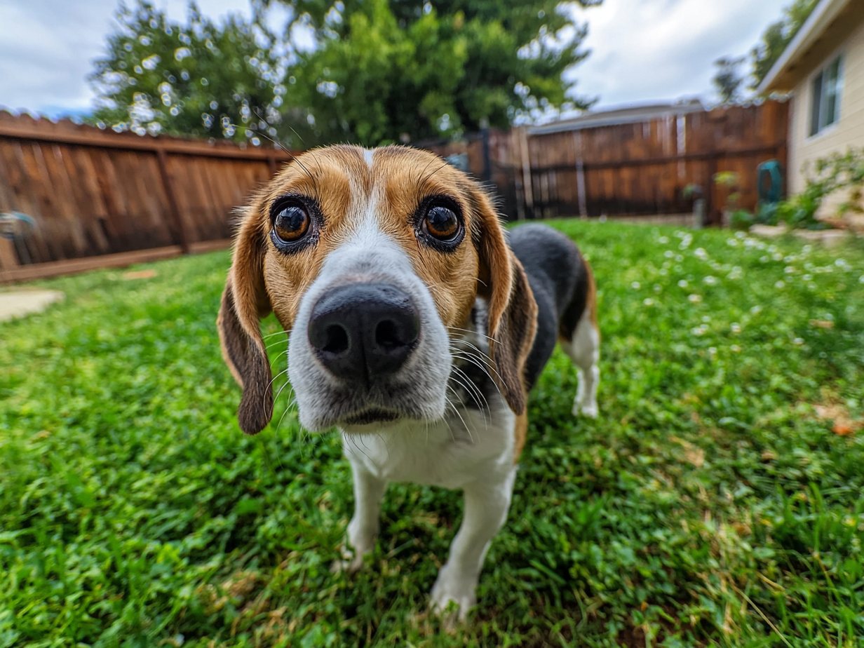 Example: a beagle photographed at its own eye level in a backyard, looking into the camera