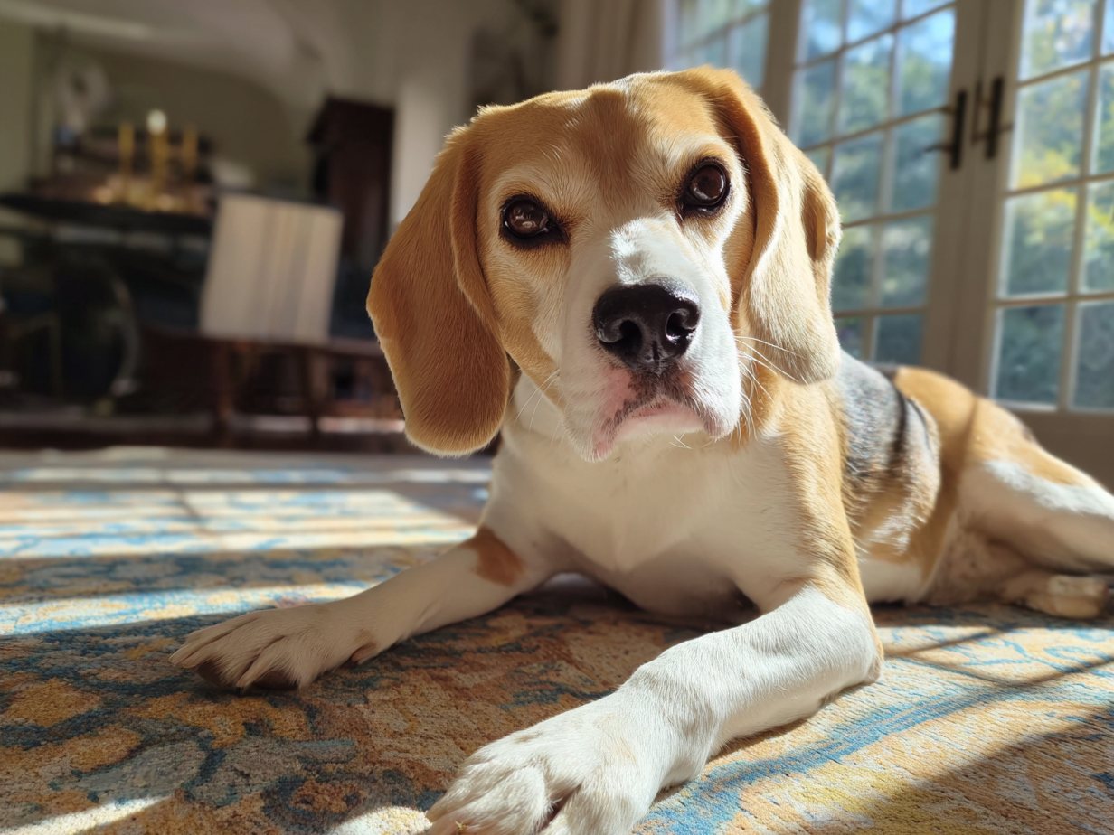 Example: a beagle lying by a window in soft daylight, the coat colors showing true
