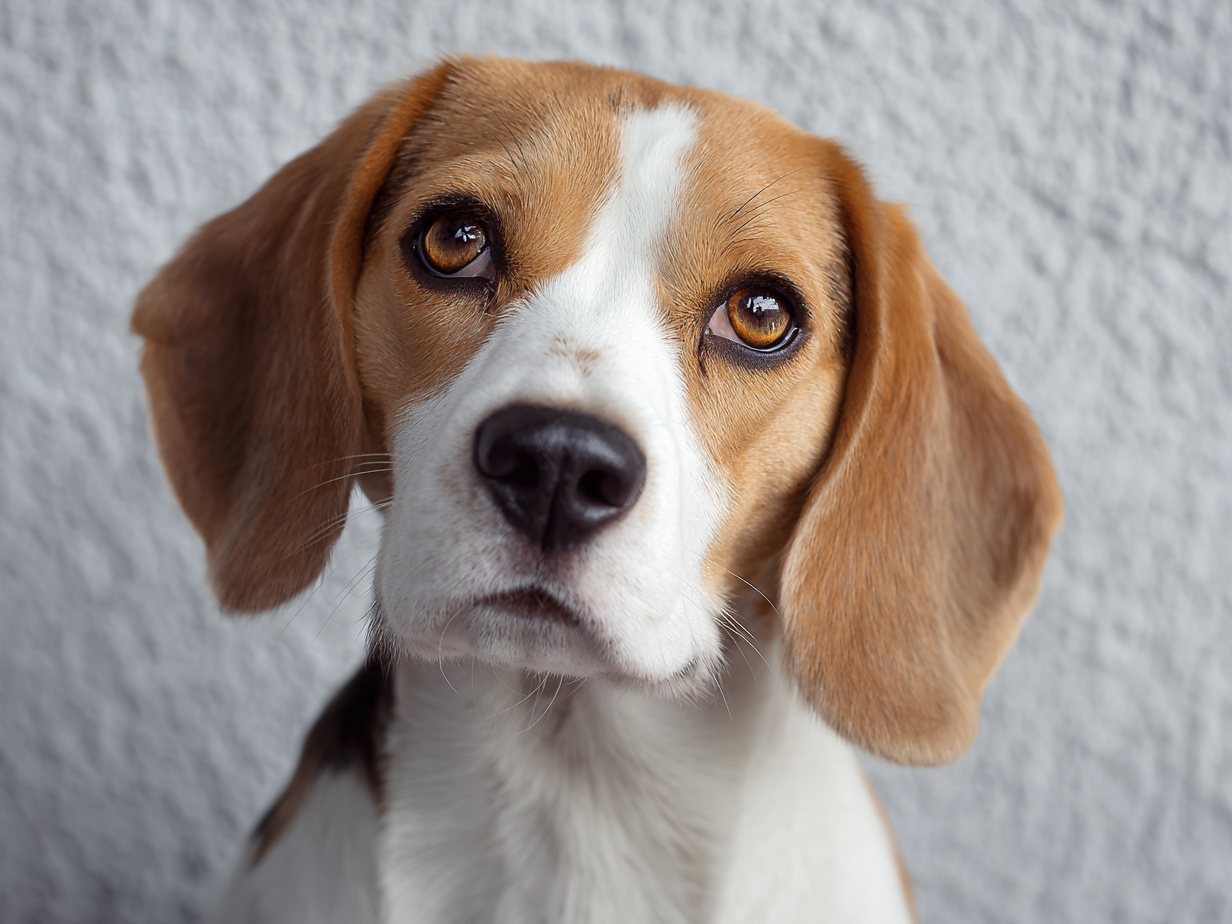 Example: a beagle in front of a plain wall, face sharp and nothing blocking it