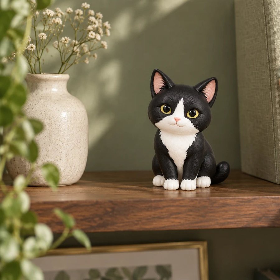 A tuxedo cat figurine on a bookshelf