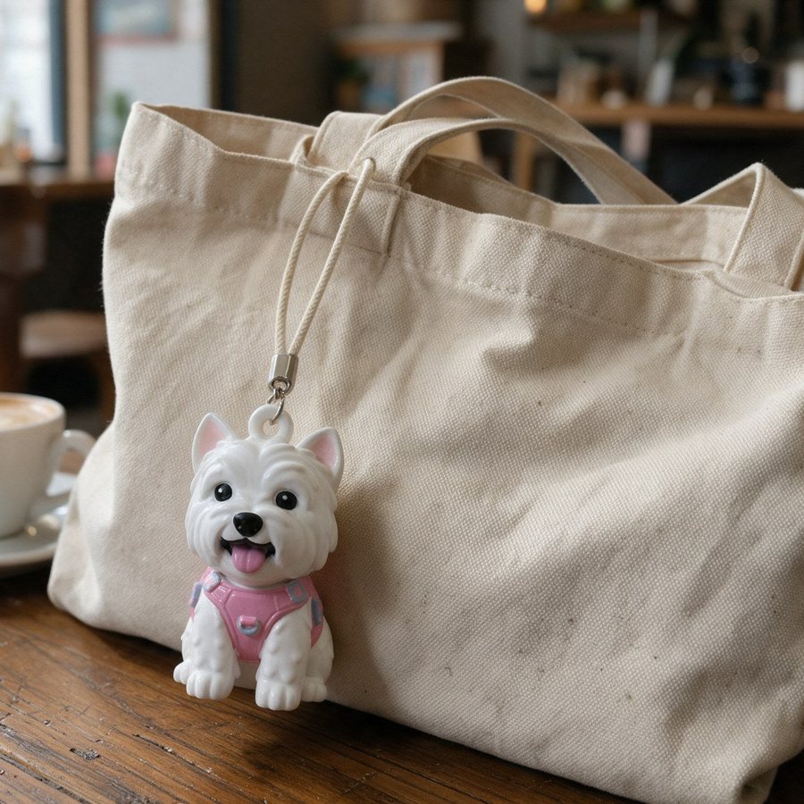 A West Highland terrier keychain on a canvas tote