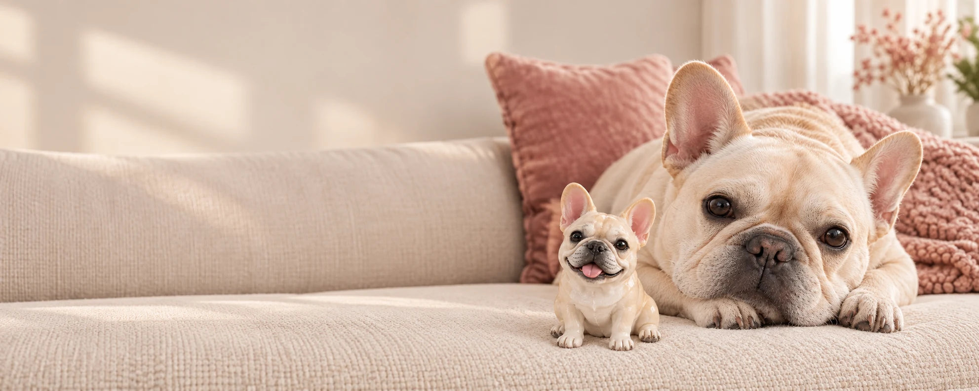 A cream French bulldog resting beside its small painted resin chibi figurine on a linen sofa.