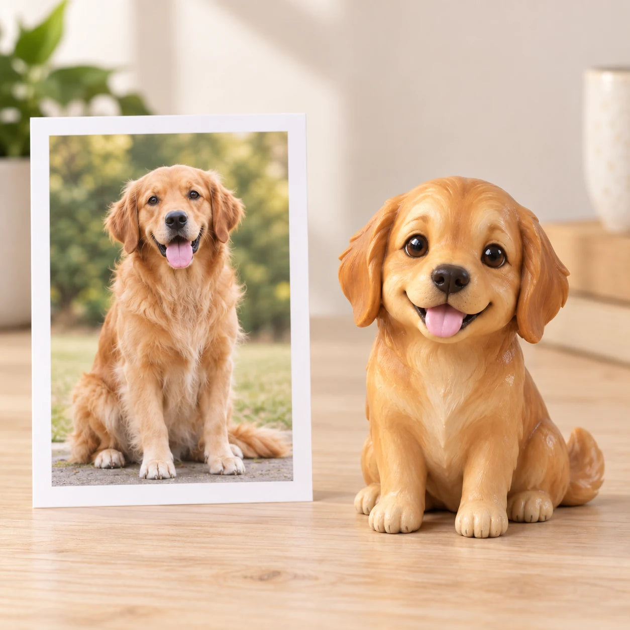 A golden retriever photo beside its resin figurine