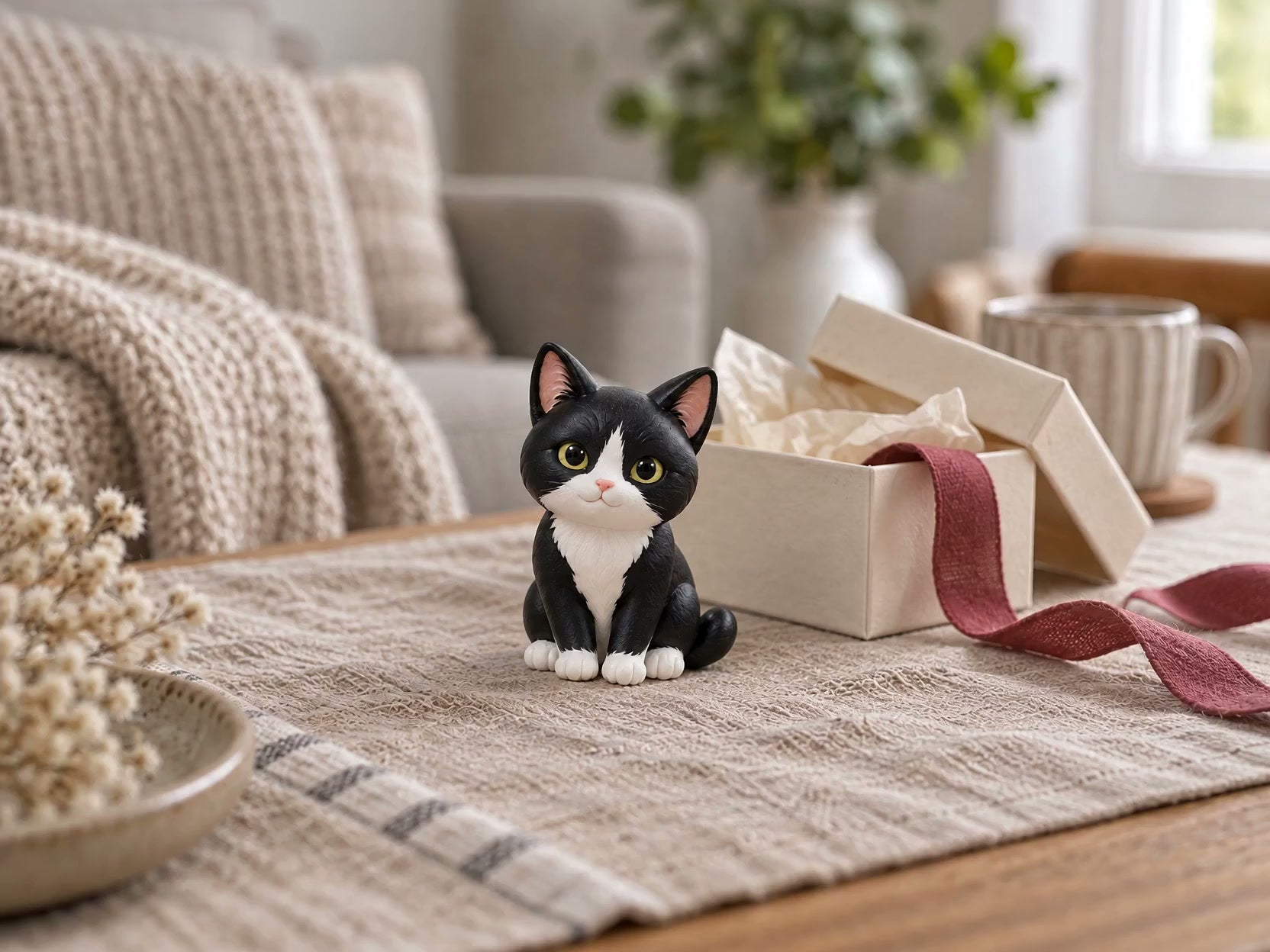 A small hand-painted tuxedo cat resin figurine beside an open gift box on a linen-covered table.