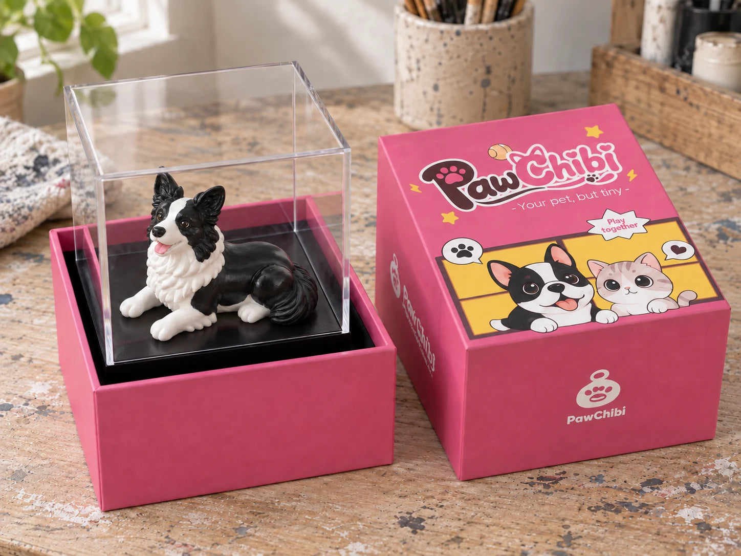 The pink PawChibi box with a clear cover, black base and a border collie figurine