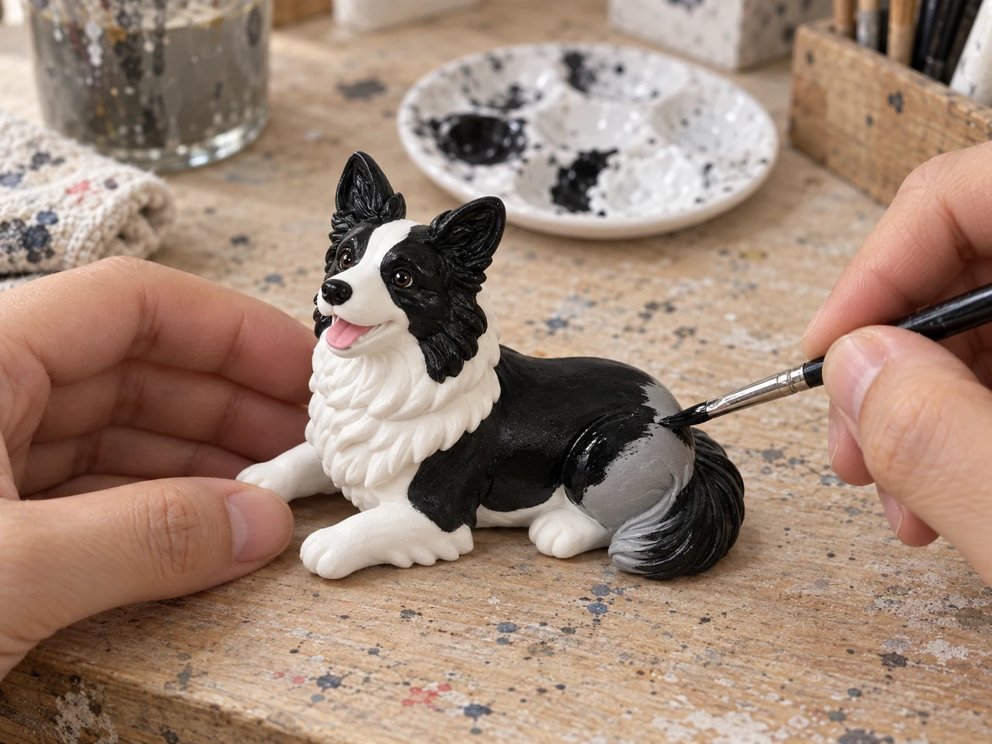 Hands painting the markings of a small border collie resin figurine on a studio workbench.