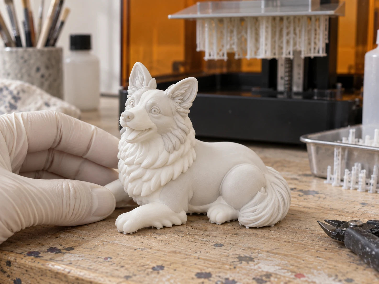 The border collie piece as an unpainted resin blank, fresh off the printer