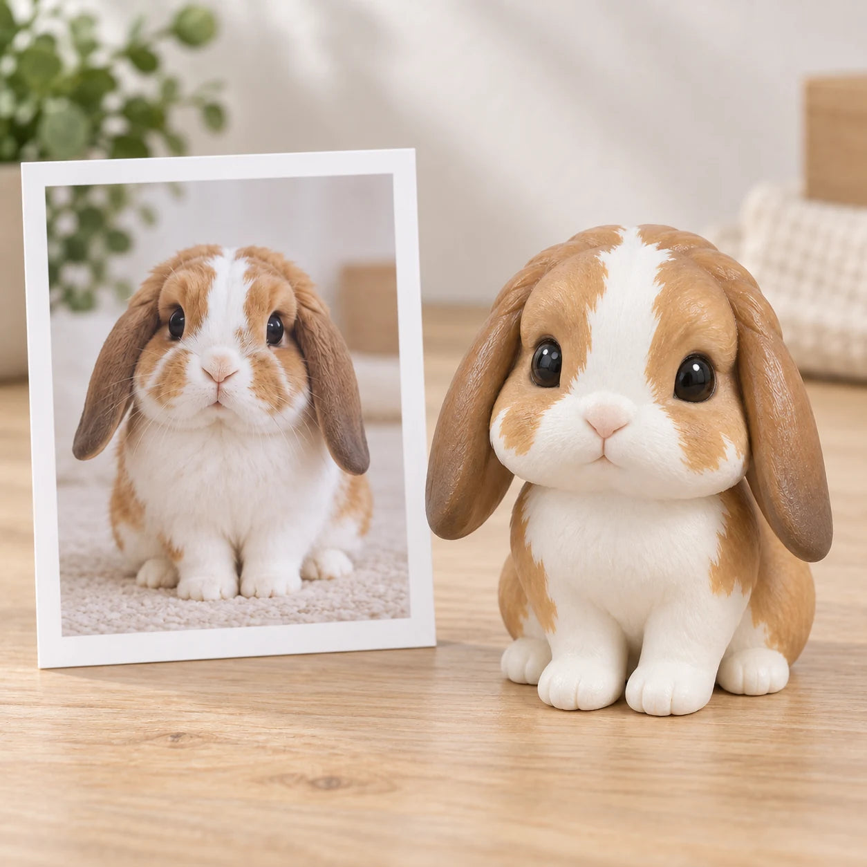 A rabbit photo beside its resin figurine
