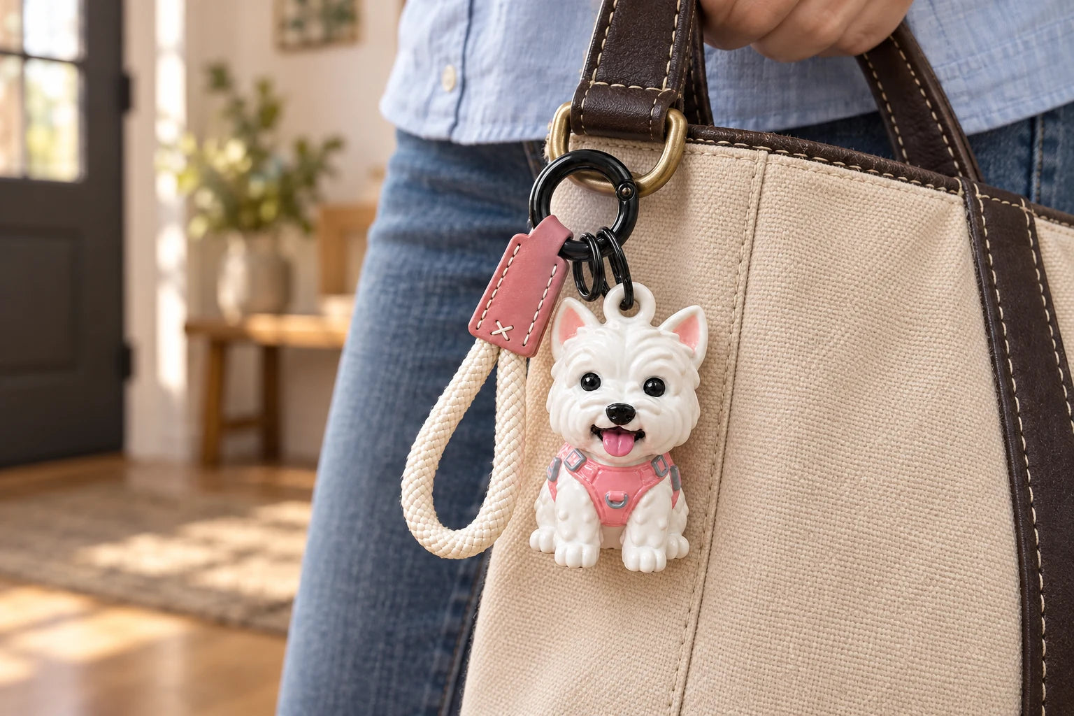 A white Westie resin charm in a pink harness clipped to a tote, with its black circular ring, pink stitched leather tab and ivory braided wrist loop.