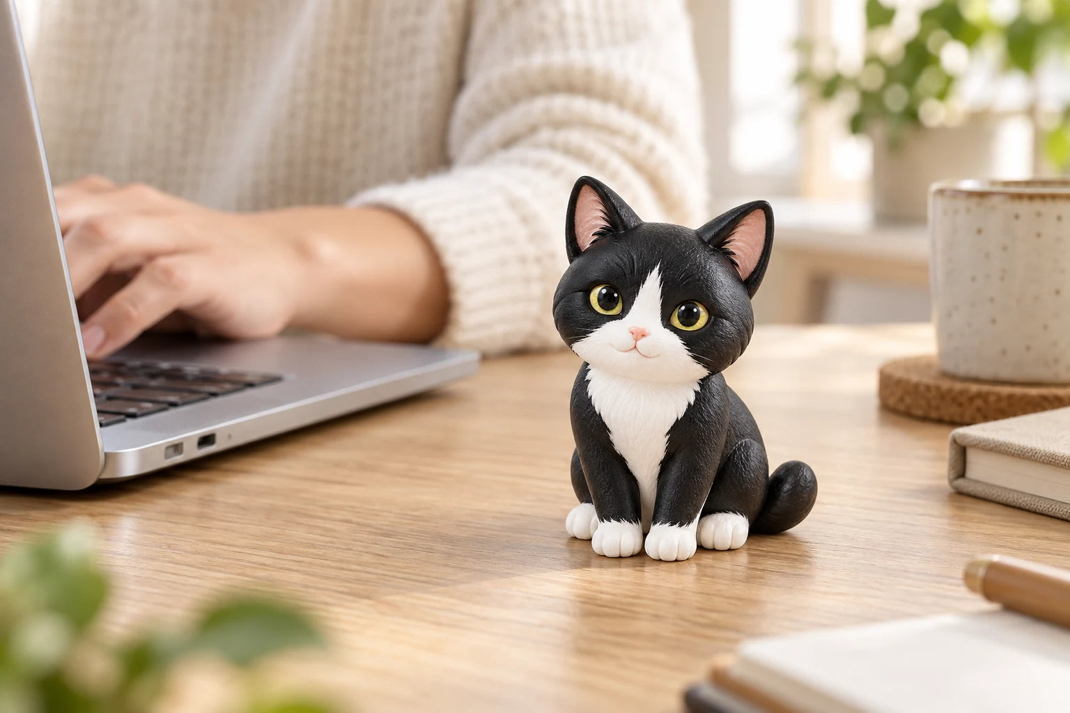 A small painted tuxedo cat resin figurine beside a laptop, with an adult’s hands working in the background.