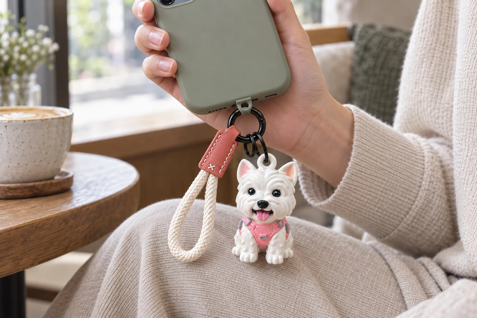 A hand holding a phone with a white Westie resin charm connected to the case lanyard anchor, with the complete braided wrist loop and circular black hardware.