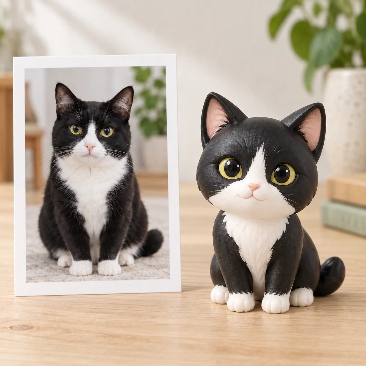 A cat photo beside its smooth hand-painted chibi resin figurine