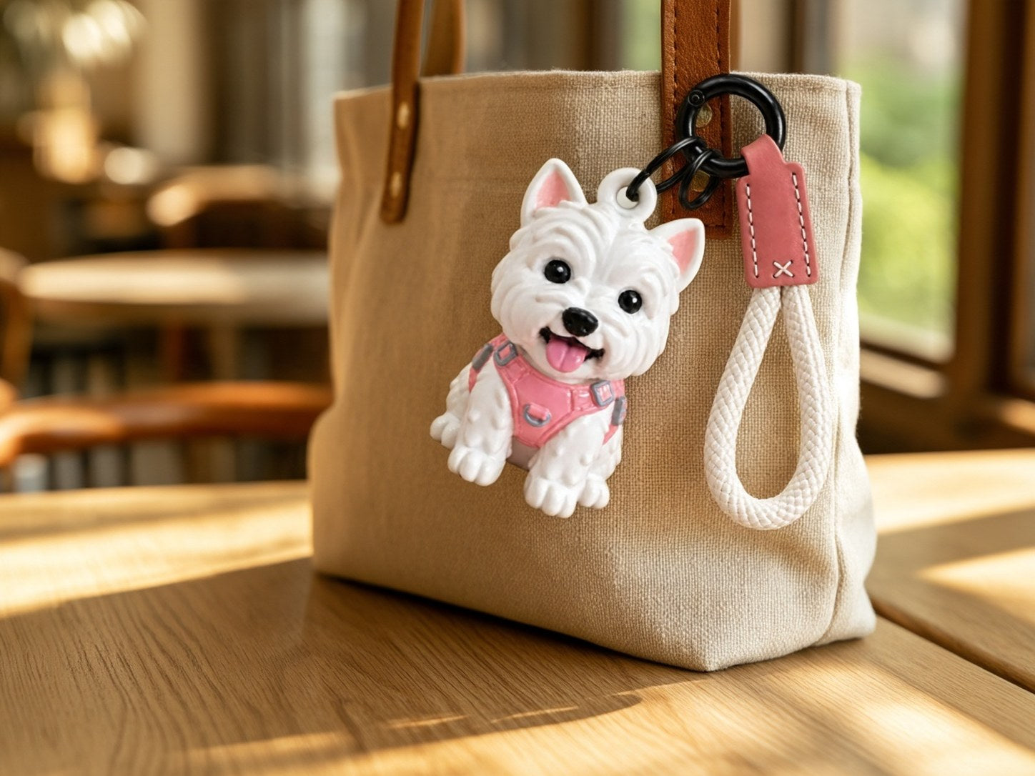 A hand-painted resin Westie keychain hanging from a canvas bag