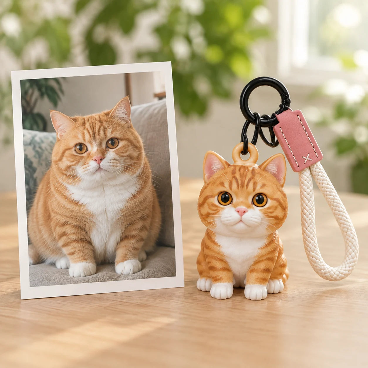 An orange tabby cat photo beside its resin keychain