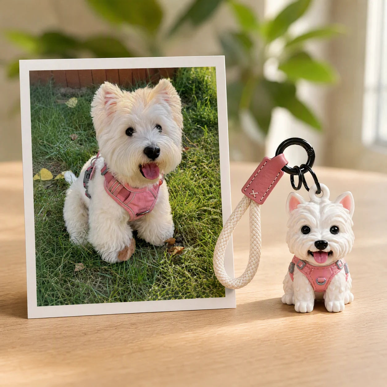 A West Highland terrier photo beside its smooth hand-painted chibi resin keychain