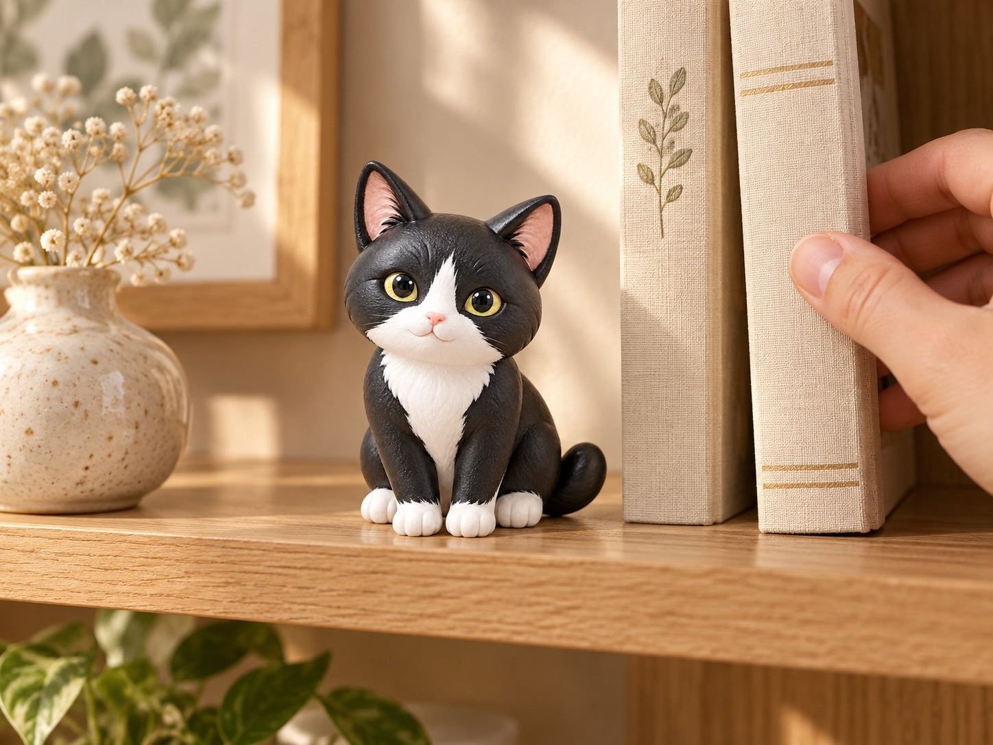 Resin cat on a bookshelf
