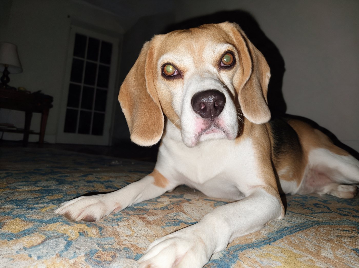 Same beagle: flash, at night