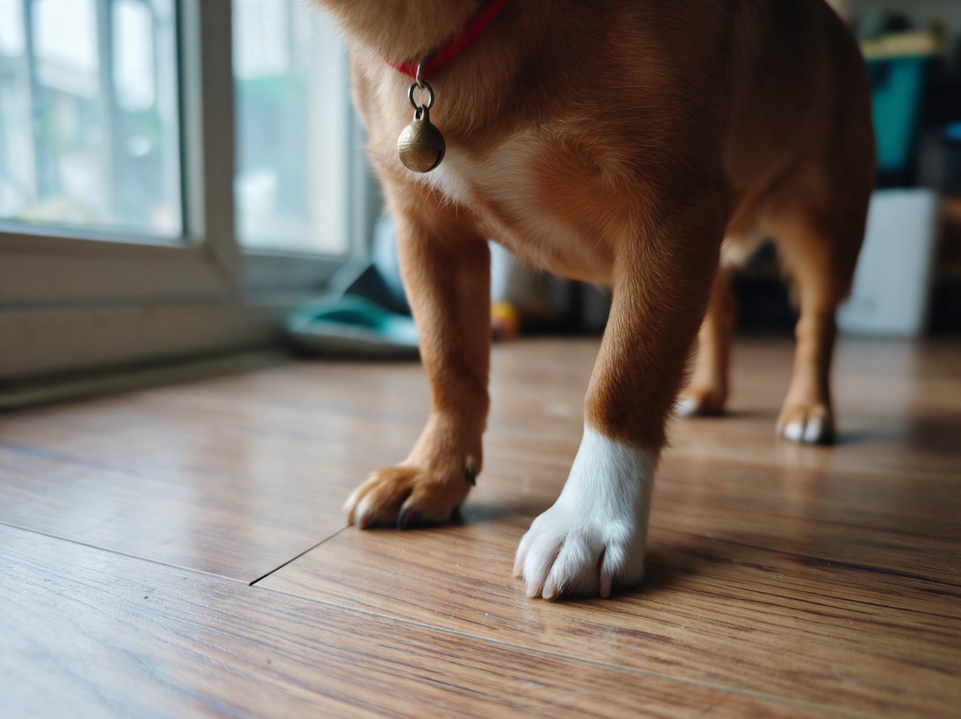 Close-up: one small feature, e.g. a collar charm or a single white sock