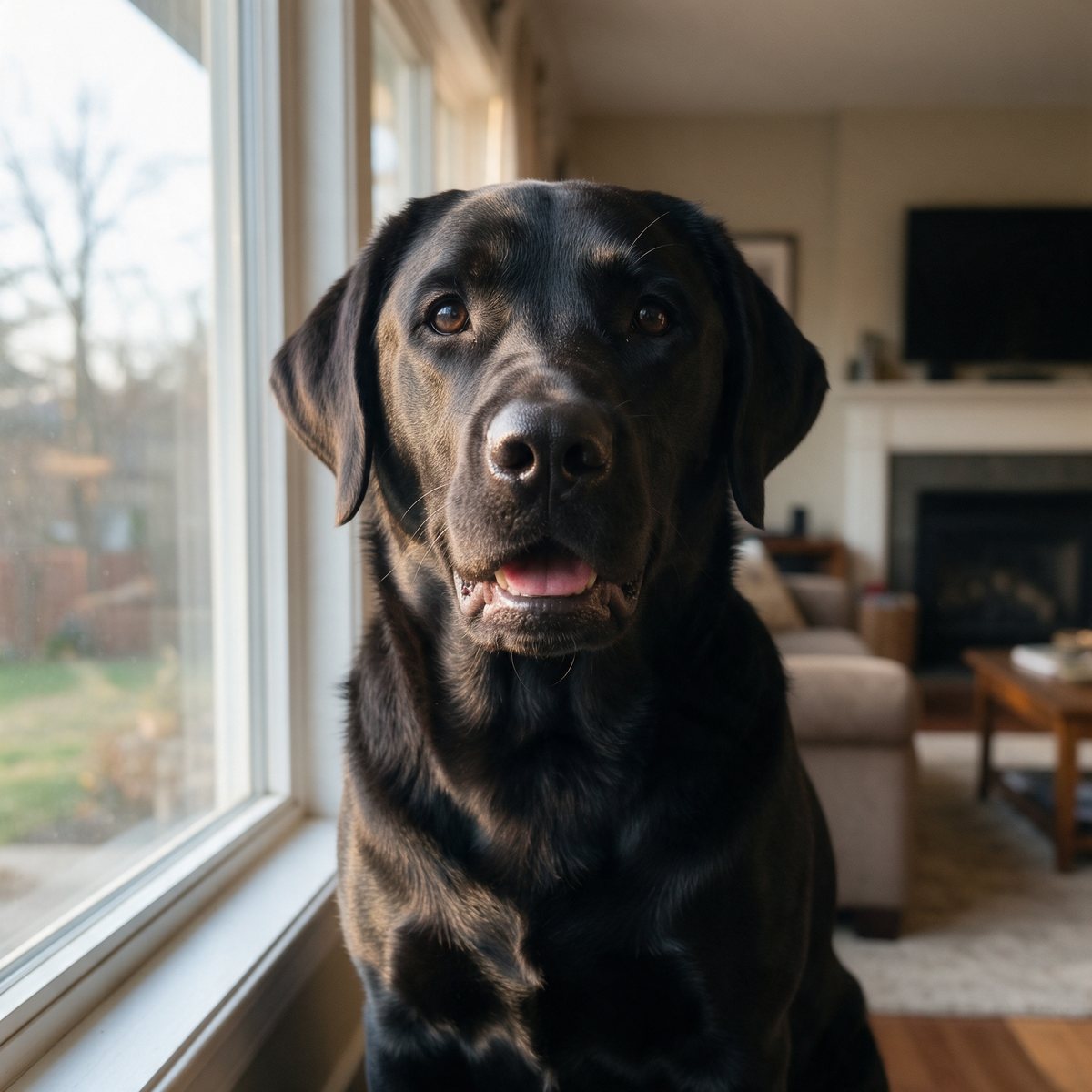 A black Labrador beside a window, eyes and nose readable in daylight