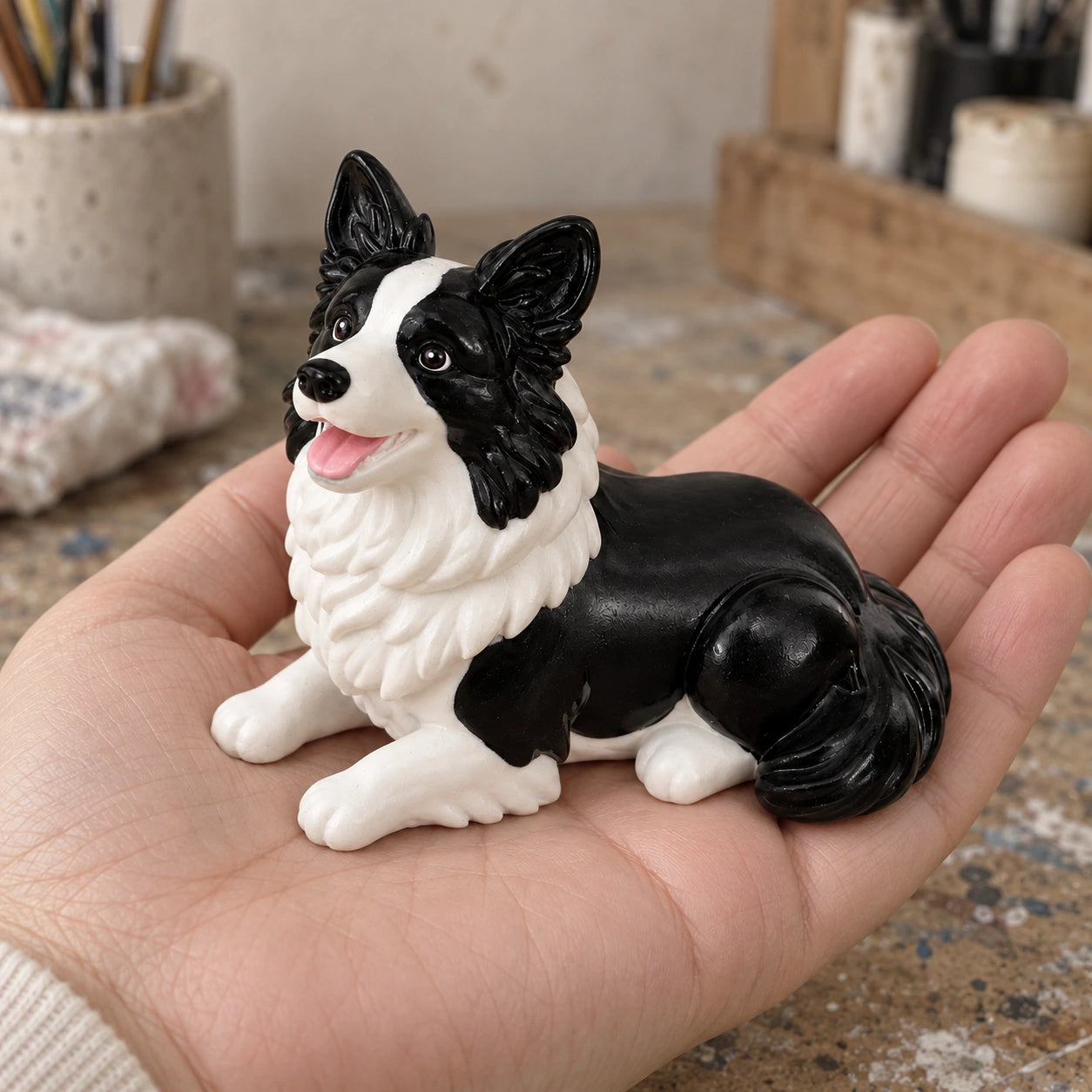 The finished, hand-painted border collie piece held in a hand