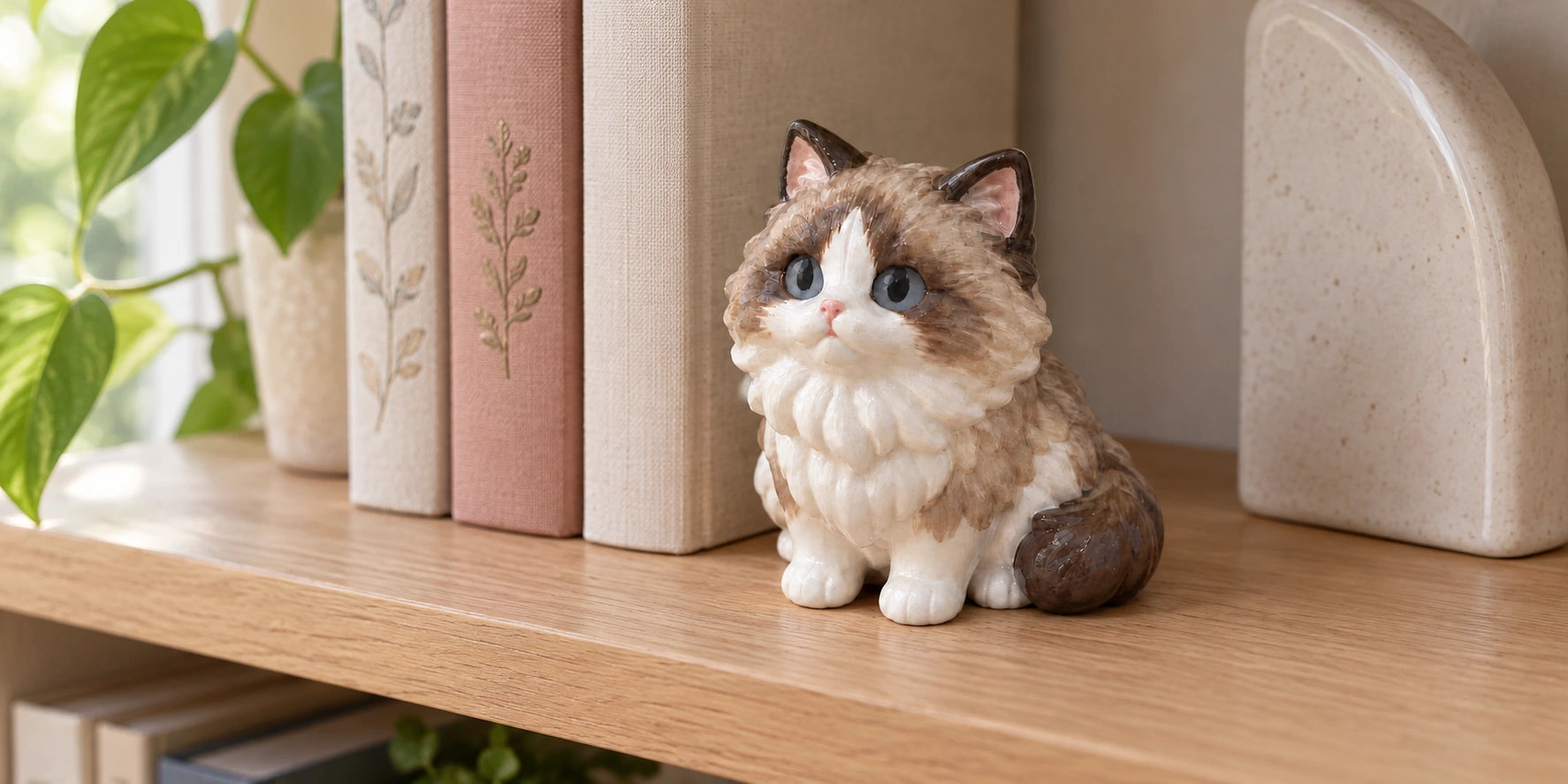 A hand-painted resin cat figurine on a wooden bookshelf
